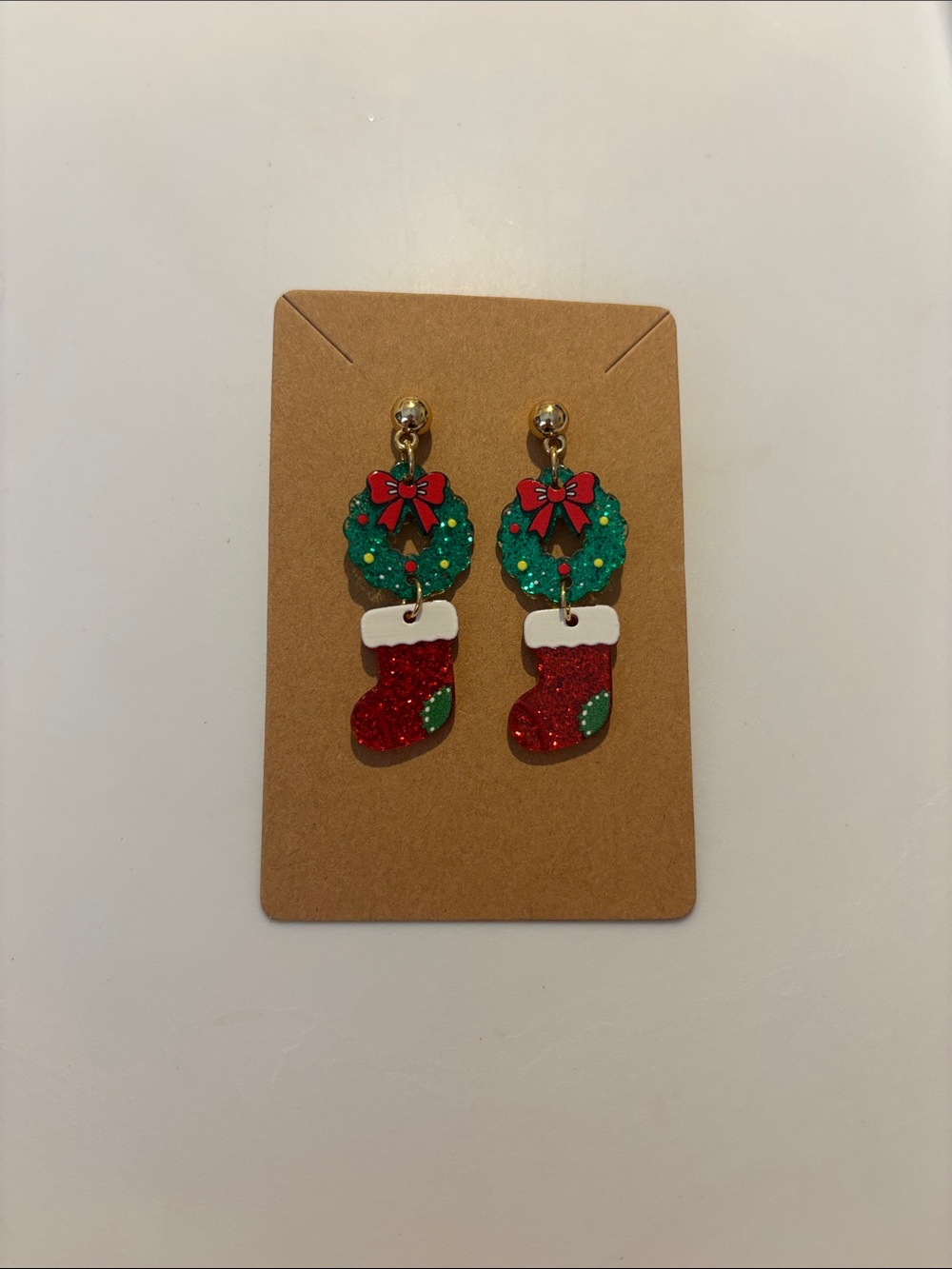 Fashion Jewelry Red & Green Christmas Wreath and Stocking Drop Earrings